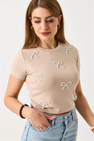 Kadın İnci Fiyonklu Crop Bluz Krem