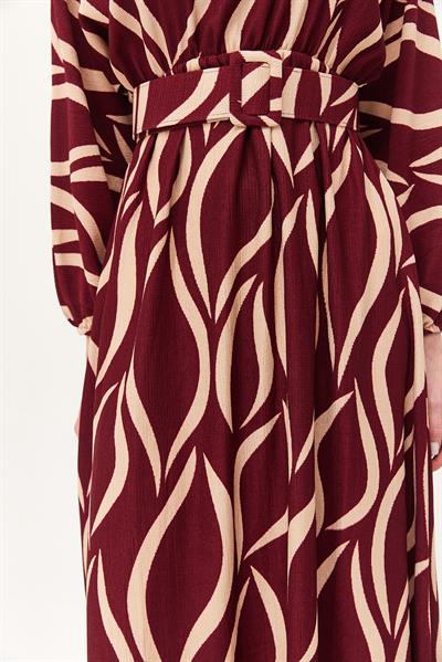 Kemerli Yarasa Kol Kemerli Elbise	Bordo