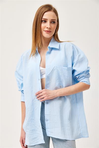Oversize Cepli Poplin Gömlek Mavi