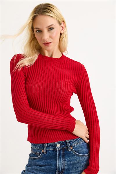 Bisiklet Yaka Triko Örme Bluz Kırmızı