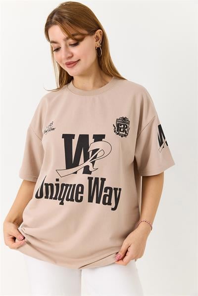 Bisiklet Yaka Baskılı Tshirt Açık Kahve