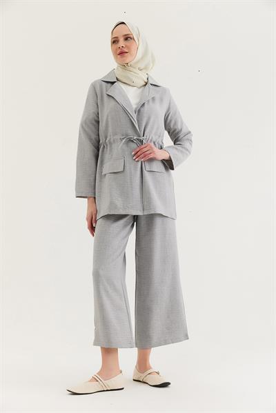 Bel Bağlamalı Ceketli Keten Takım Gri