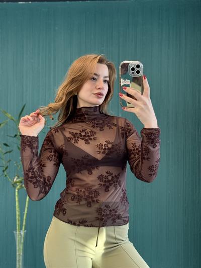 Kadın Kahverengi Transparan Çiçek Detaylı Uzun Kollu Bluz