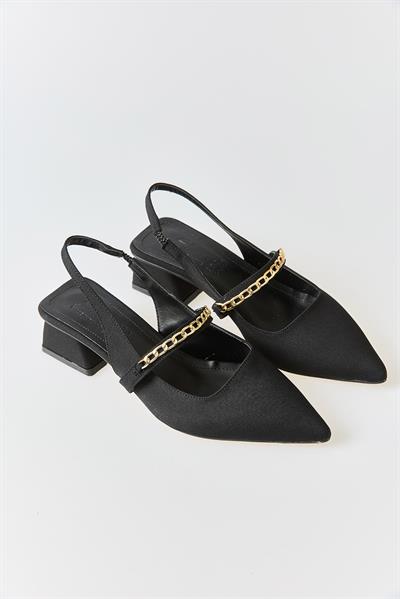 Kadın Taş Detaylı Sling-back Orta Topuklu Ayakabı Siyah
