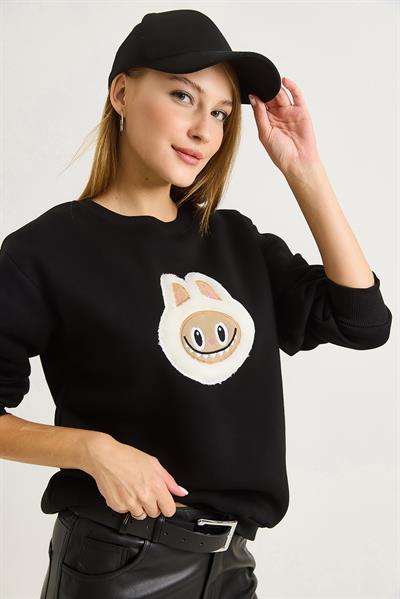 Kadın Labubu İşlemeli Üç İplik Sweatshirt Siyah