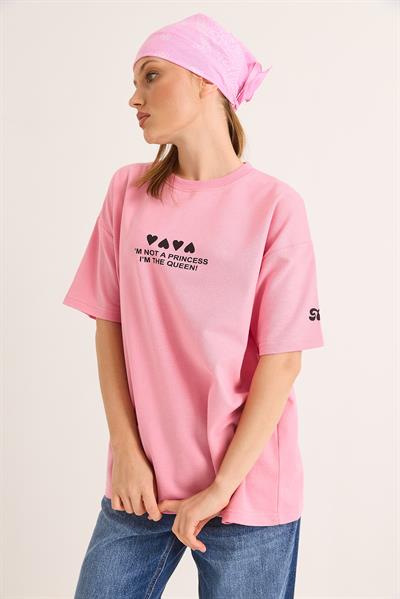 Bisiklet Yaka Baskılı Oversize Tshirt Pembe
