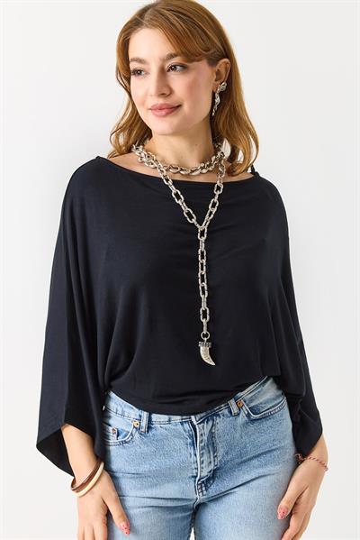 Kadın Kaşmir Yumuşak Kayık Yaka Pelerin Detaylı Bluz Siyah