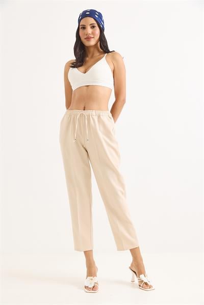 Beli Lastikli Kısa Paça Double Krep Pantolon Krem