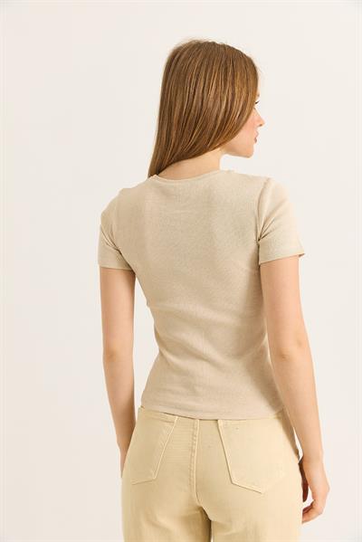 Bisiklet Yaka Zincir Detaylı Kaşkorse Bluz Vizon