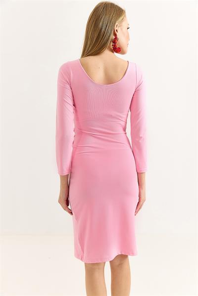 Kadın Pembe Büzgülü Uzun Kollu Elbise Pembe