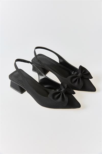 Kadın Kalın Topuk Fiyonklu Sling-Back Ayakkabı Siyah