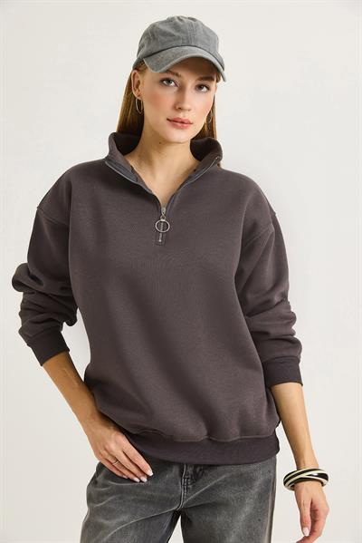 Kadın Yaka Fermuarlı 2 İplik Sweatshirt Füme