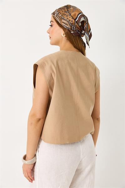 Kadın Kısa Kollu Düğmeli Crop Yelek Vizon