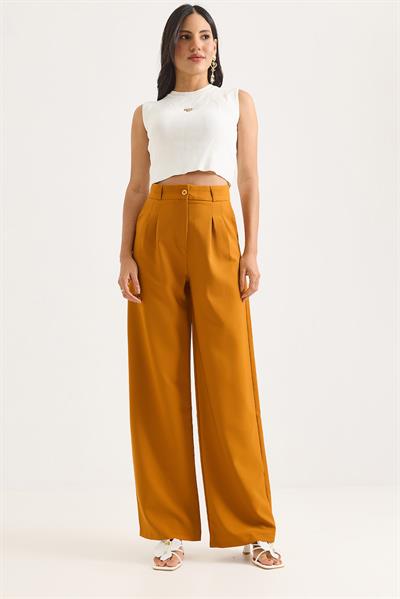 Yüksek Bel Bol Paça Pantalon Hardal