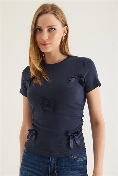 Kurdele Detaylı  Bisiklet Yaka Bluz Antrasit