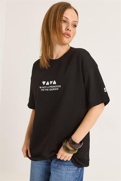 Bisiklet Yaka Baskılı Oversize Tshirt Siyah