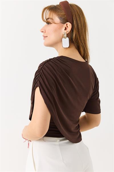 Kadın Sandy Pelerinli Yarım Kollu  Bluz Kahverengi