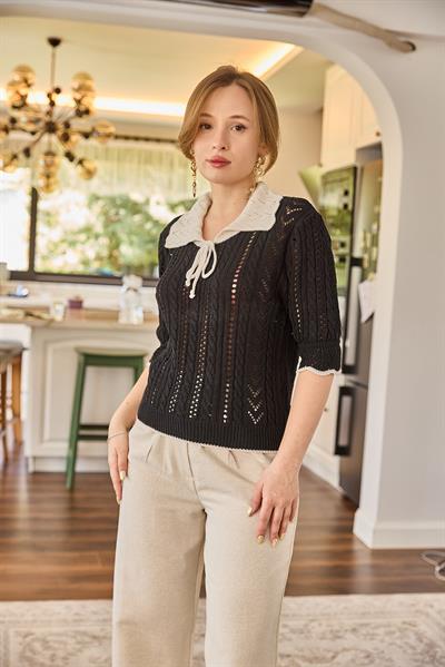 Polo Yaka Ajurlu Triko Bluz Siyah