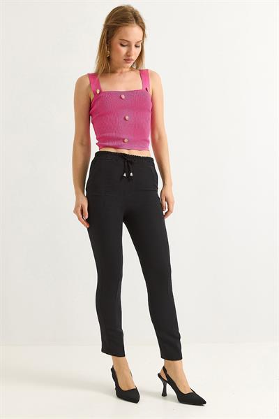 Beli Lastikli Kısa Paça Double Krep Pantolon Siyah