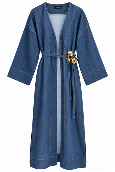 Kadın Yanları Yırtmaçlı Önden Bağlama Ve Charm Detaylı Jean Kap/Abaya Mavi