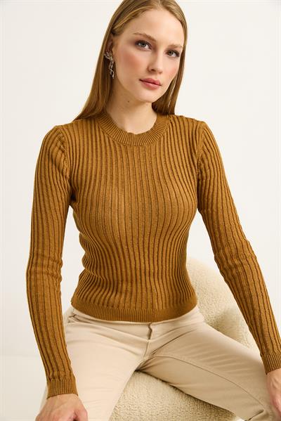 Bisiklet Yaka Triko Örme Bluz Taba