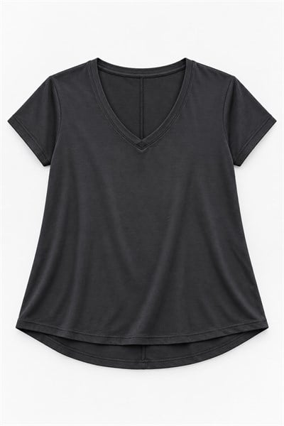 Kadın V Yaka Salaş Arkası Dikişli Tshirt Siyah