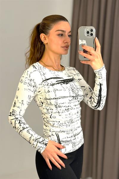 Kadın Desenli Kaşkorse Uzun Kollu Bluz Beyaz