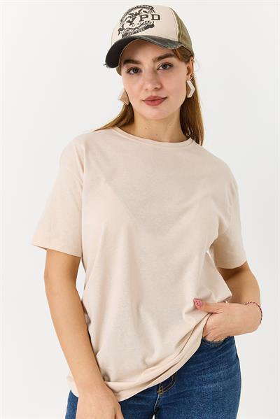 Kadın Bisiklet Yaka Baskısız Düz Bisiklet Yaka Tshirt Krem