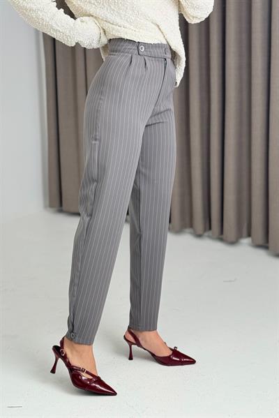 Kemeri Çift Düğmeli Çizgili Palazzo Pantolon Füme