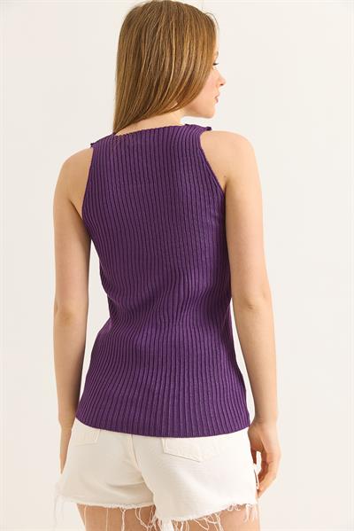 Kare Yaka Kalın Askılı Triko Atlet Bluz Mor