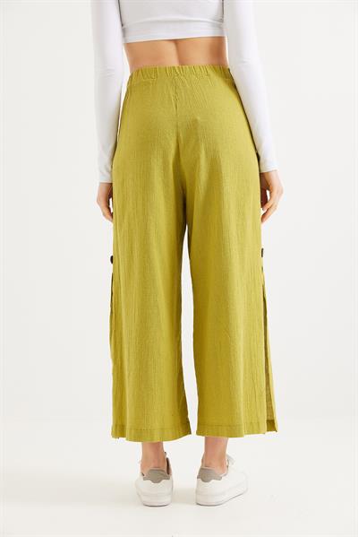 Yanları  Düğmeli  Bol Kesim Keten Pantolon  Yeşil