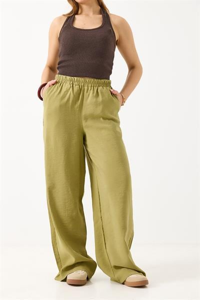 Kadın Bol Kesim Tensel Kumaş Beli Lastikli Haki