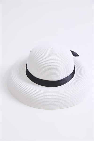 Fiyonk Detaylı Kadın Hasır Plaj Havuz Şapkası Beyaz