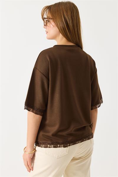 Kadın Kolları Ve Eteği Dantel Detaylı  Düz Modal Tshirt Kahverengi