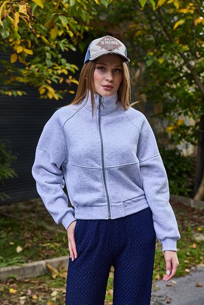 Kadın Fermuarlı Dikiş Detaylı Sweat Gri