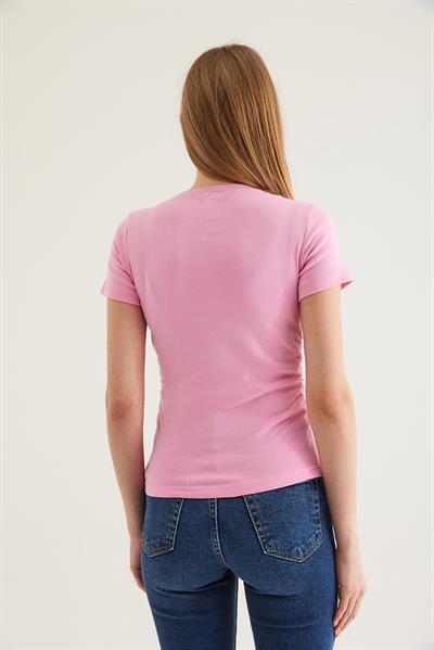 Kurdele Detaylı  Bisiklet Yaka Bluz Pembe