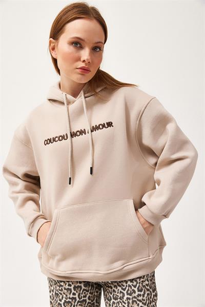 Oversize Kapüşonlu Kanguru Cepli Sweatshirt Bej