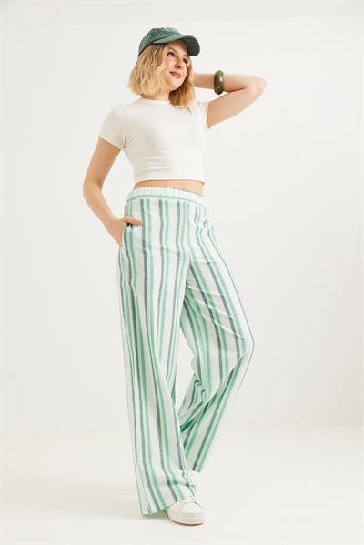 Beli Lastikli Rahat Kesim Keten Pantolon Yeşil