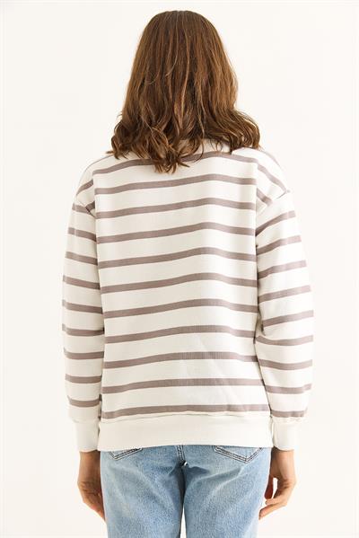 Kadın Oversize Çizgili Kalp Nakışlı Fermuarlı Sweatshirt Vizon Beyaz