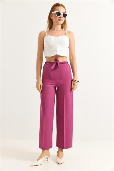Bel Kuşaklı Bol Paça Krep Pantolon Pembe