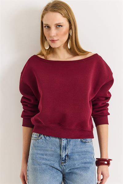 Kadın Bordo Kayık Yaka Üç İplik Şardonlu Sweat