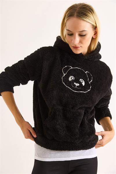 Kapüşonlu Nakış İşlemeli Peluş Sweatshirt  Siyah