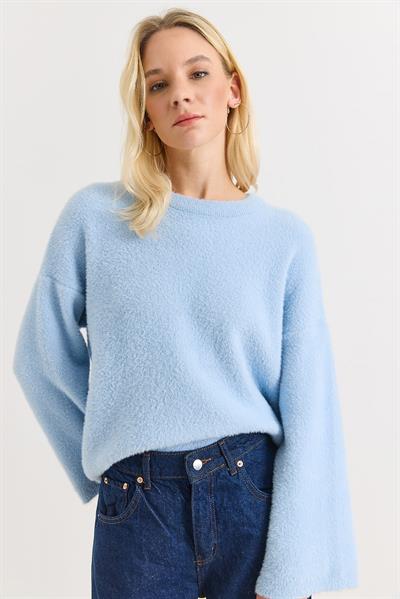 Kadın Bisiklet Yaka Oversize Yumuşak Tüylü Mavi