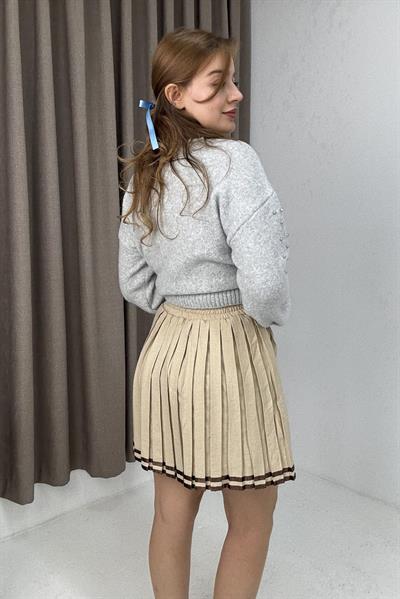 Kadın Pileli Kolej Mini Etek Taş