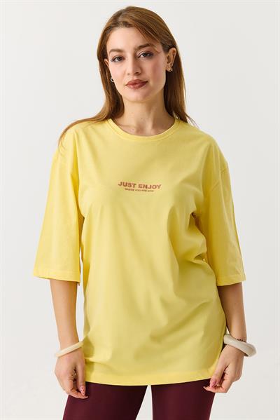 Kadın Yazı Baskılı Bisiklet Yaka Tshirt Sarı