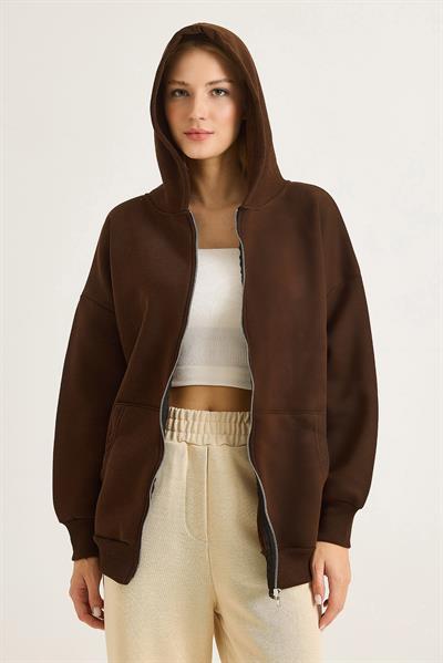 Kadın Oversize Kapüşonlu Fermuarlı Hırka Kahve