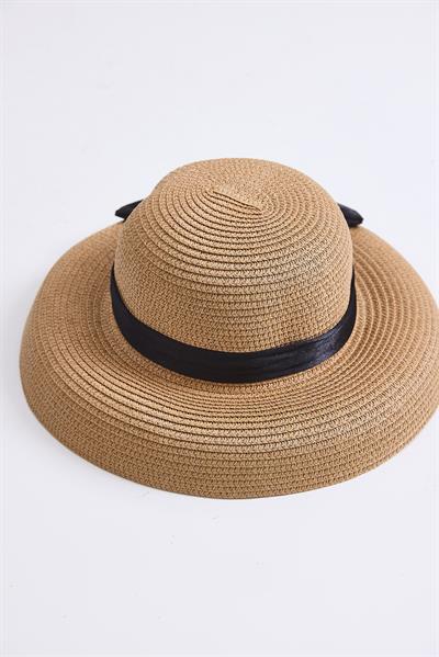 Fiyonk Detaylı Kadın Hasır Plaj Havuz Şapkası Vizon