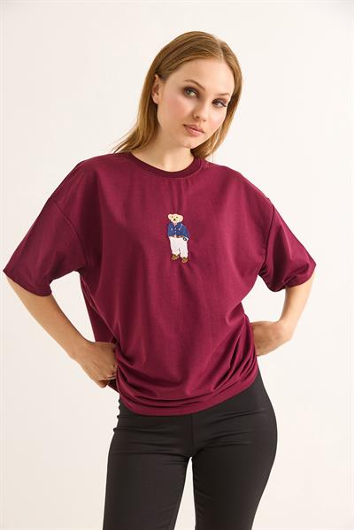 Rahat Kalıp Baskılı Kadın Tshirt Bordo