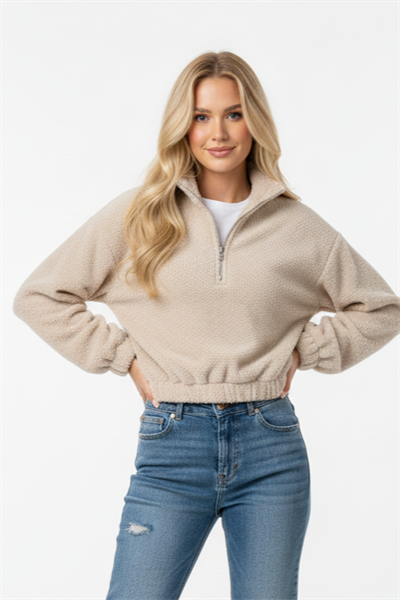 Kadın Yarım Fermuarlı Altı Büzgülü Bej Sweatshirt