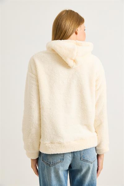 Kadın Kapüşonlu Nakış İşlemeli Peluş Sweatshirt  Ekru
